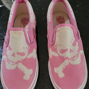 VANS SLIP ONS - Women's Size 8/Men's Size 6.5.  PINK WITH LARGE WHITE SKULL